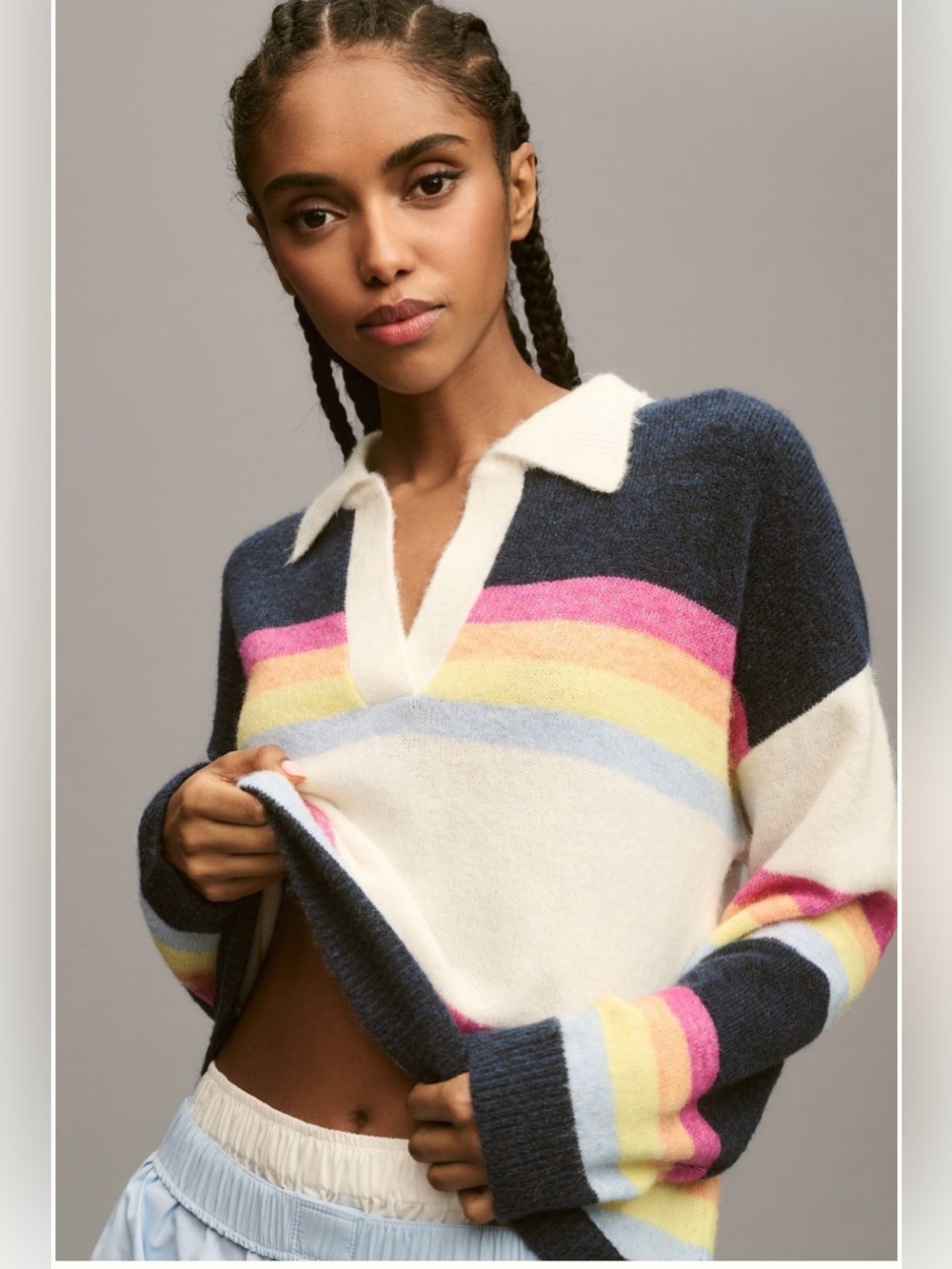 Sundry Long-Sleeve Johnny Collar Polo Shirt in a multi-color stripe design Sz L